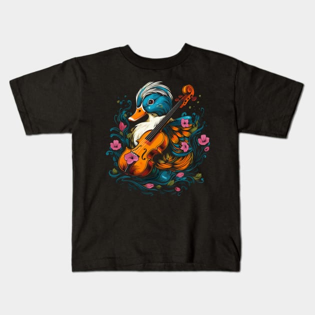 Mandarin Duck Playing Violin Kids T-Shirt by JH Mart